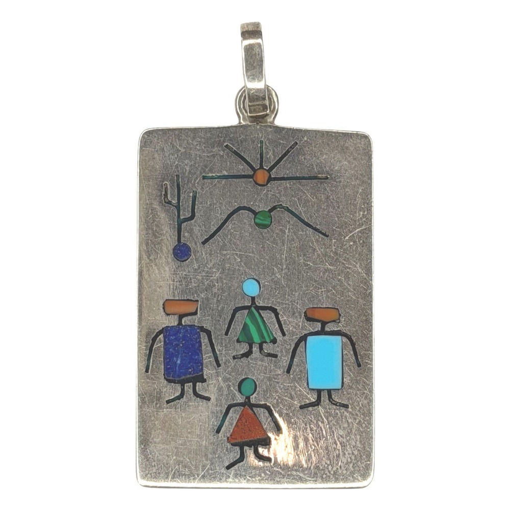 Vintage Pendant Sterling Silver 925 Inlay Storyteller Family Desert Sun Cactus